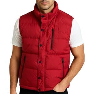 Orvis Down Puffer Vest Jacket Snap Button Stand Collar Lined Outdoor Red XL